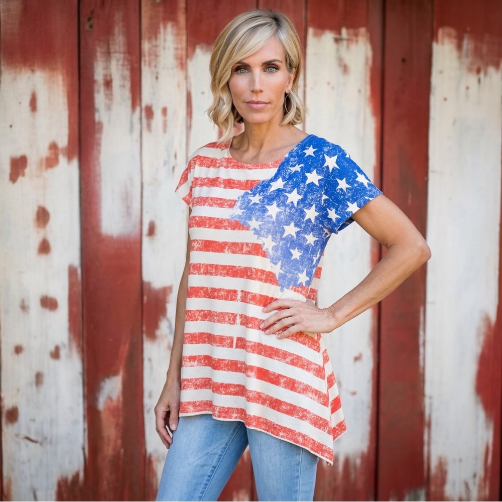 MAZIK American Flag ribbed asymmetrical tee S M L